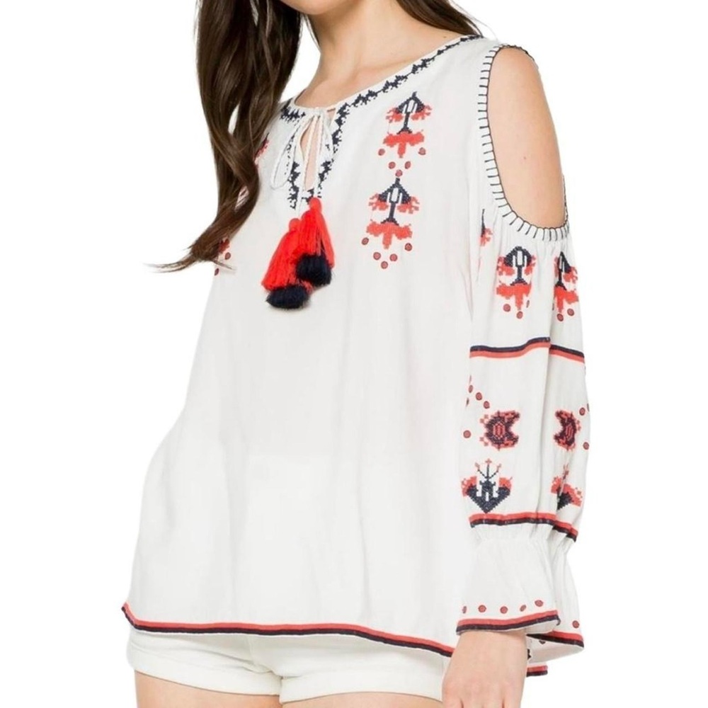 Anthropologie Embroidered Cold Shoulder Tassel Tie Boho Blouse Folk Romantic New